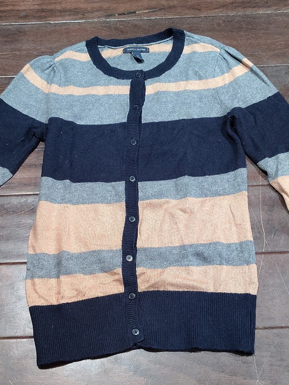 Tommy Hilfiger Navy, Gray & Peach Striped Button Cardigan
